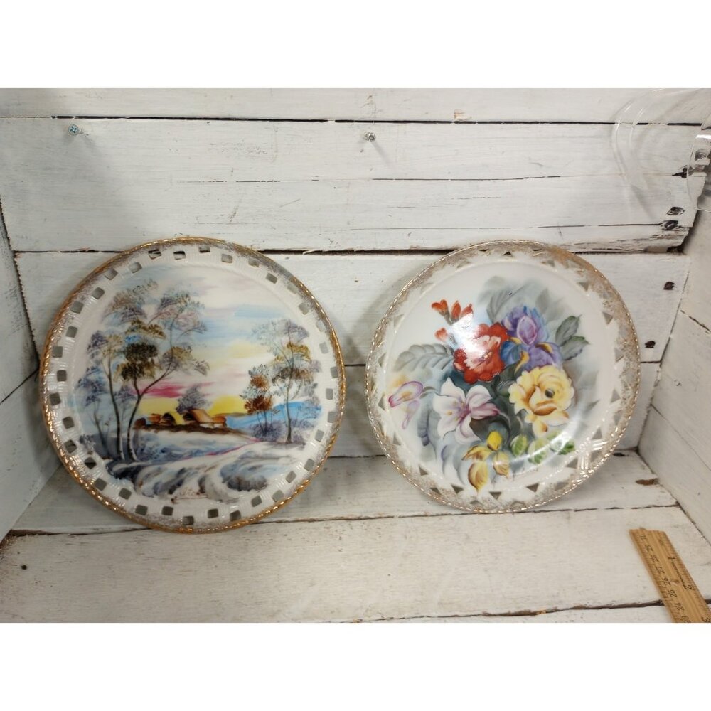 2 Vntg Porcelain Plates Reticulated/Lattice Edges Gold Trim Floral Scenic Japan